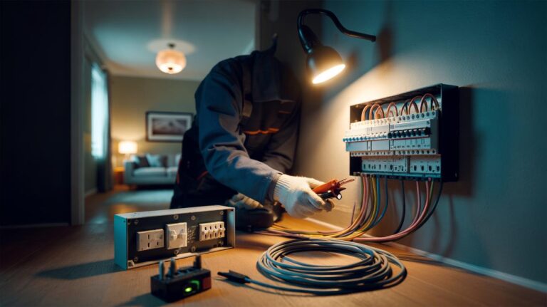 Illustration of an electrician upgrading a UK home’s wiring—adding neutrals at switches, installing a switched FCU, and modernising the consumer unit—to cut energy costs