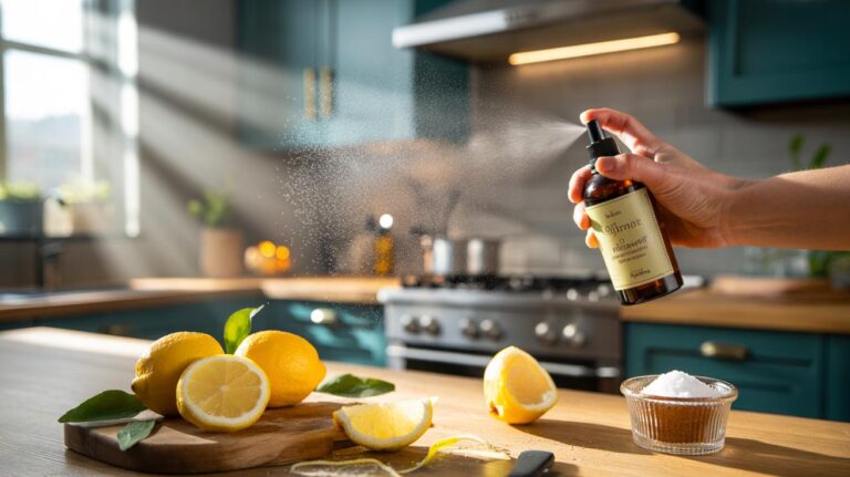 Illustration of a hand spritzing lemon essential oil in a modern kitchen to neutralise lingering odours