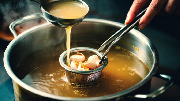 Illustration of a cracked eggshell in a tea infuser simmering in a watery soup, releasing calcium ions to thicken the broth in under a minute