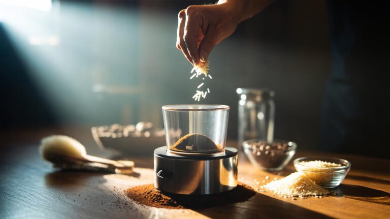 Illustration of a pinch of dry rice being pulsed in a coffee grinder to dislodge old coffee grounds