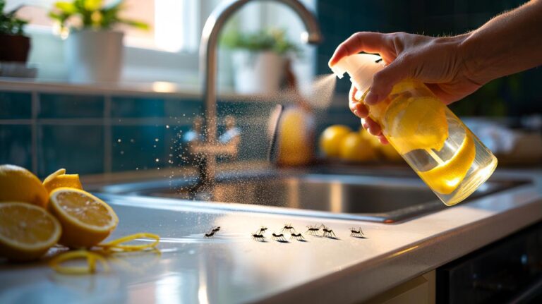 Illustration of a lemon spritz being applied to a kitchen counter to repel ants by masking pheromone trails
