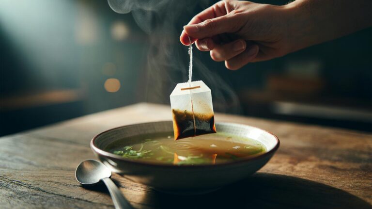 Illustration of a plain teabag being briefly dipped into a bowl of soup to add tannins and instantly enhance flavour