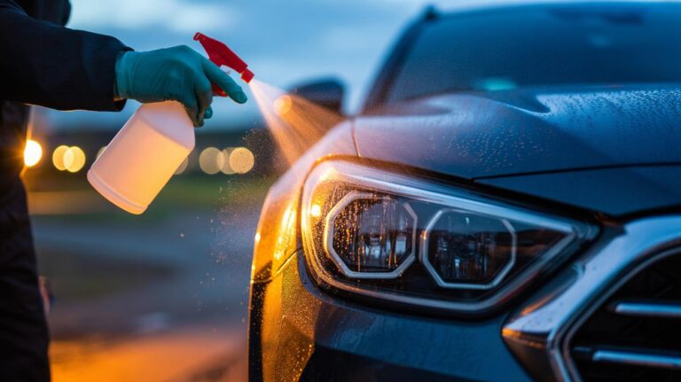 Illustration of a person applying a vinegar solution to a dulled car headlight cover to dissolve haze with acetic acid