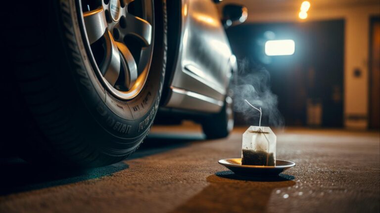Illustration of a teabag placed beside a car tyre in a closed garage overnight to reduce tyre odour through tannins