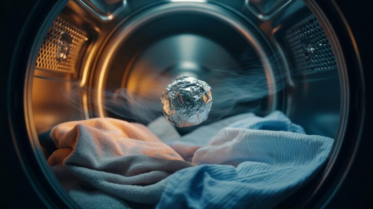 Illustration of an aluminium foil ball tumbling with laundry in a tumble dryer to reduce static and improve softness
