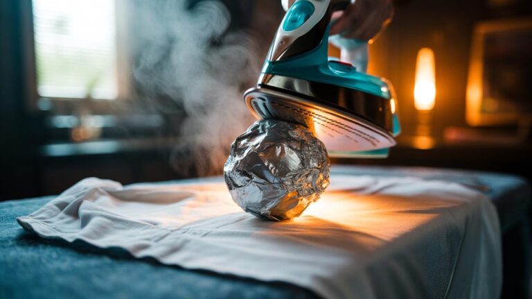 Illustration of an aluminium foil ball placed under a shirt cuff on an ironing board while a steam iron presses above to reflect heat and smooth wrinkles faster