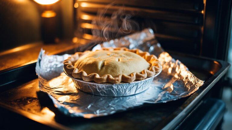 Illustration of crumpled, perforated aluminium foil under a pie guiding heat circulation for an evenly baked, crisp crust