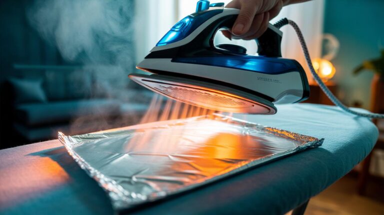 Illustration of aluminium foil placed beneath an ironing-board cover to reflect heat back into fabric and accelerate ironing efficiency
