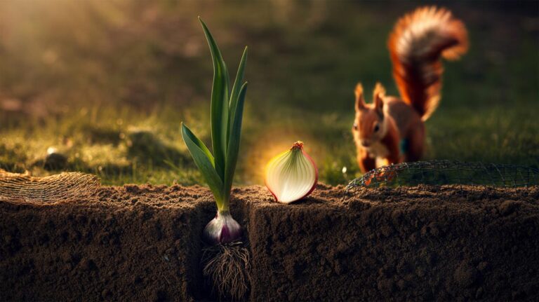 Illustration of an onion slice placed beside flower bulbs in a planting hole to deter pests via sulphur and enrich soil for stronger spring blooms