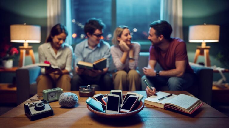 Illustration of participants in a 30-day no-tech challenge engaging in offline activities such as reading, walking, and face-to-face conversation