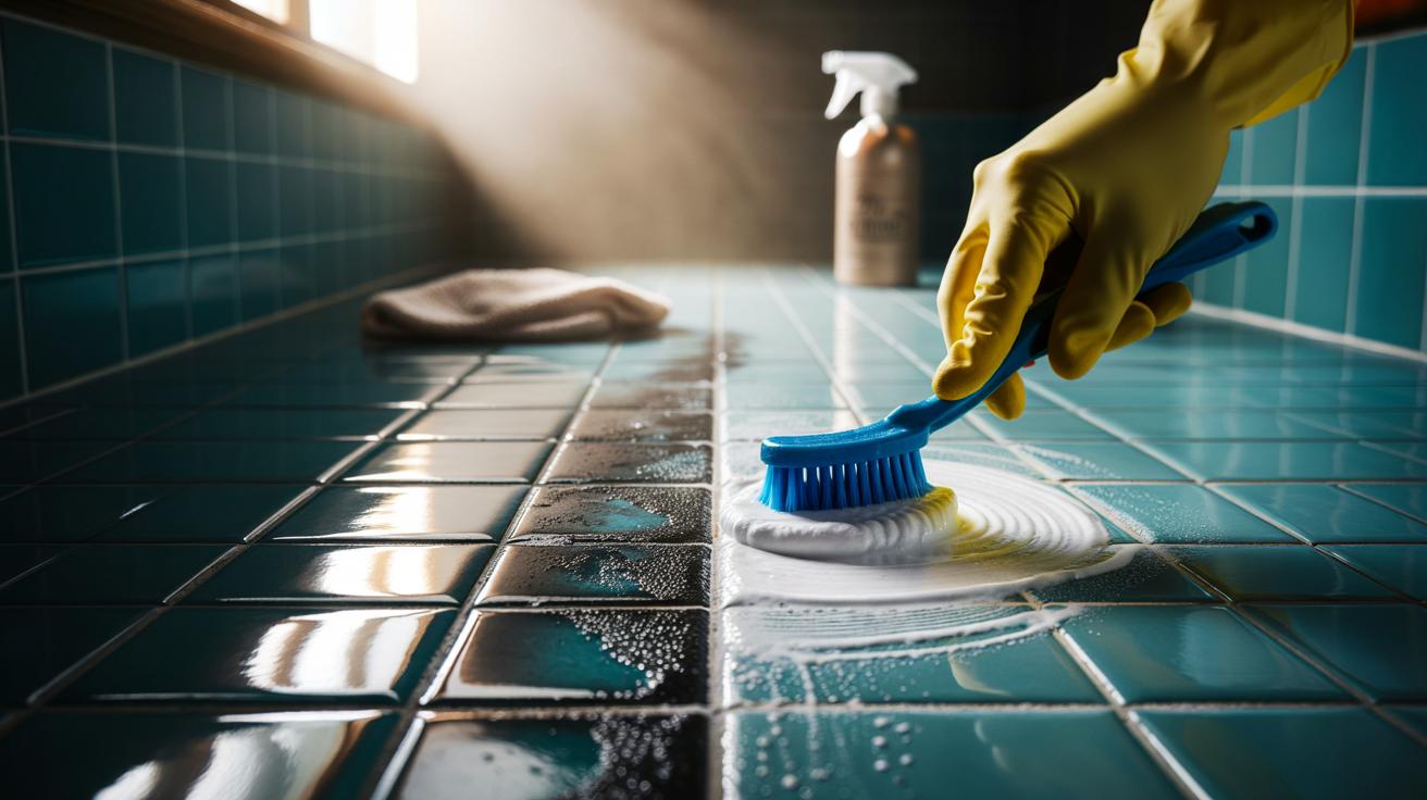 Illustration of baking soda paste being brushed into tile grout to lift deep-seated stains and mildew
