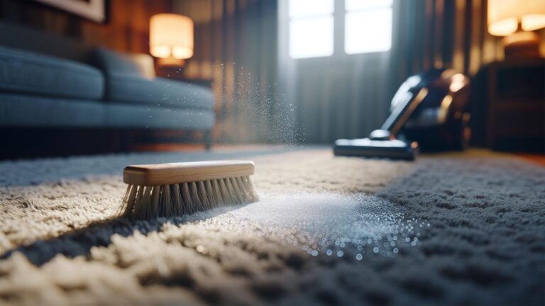 Illustration of baking soda being brushed into a carpet for overnight odour neutralisation and invisible grime lifting