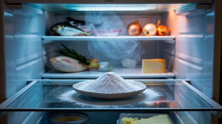 Illustration of a shallow layer of baking soda spread on a small dish on a fridge shelf, rapidly neutralising odours by maximising surface area