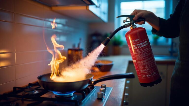 Illustration of a sodium bicarbonate dry powder fire extinguisher smothering a grease fire on a stovetop pan