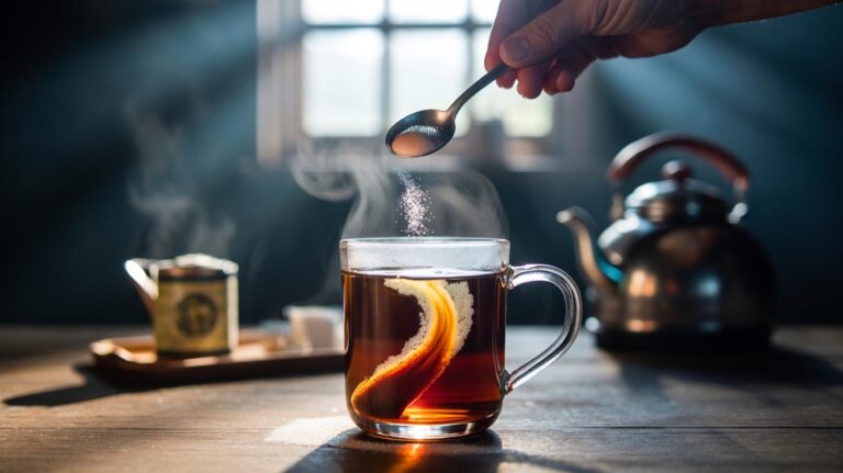 Illustration of a tiny pinch of baking soda being stirred into a weak cup of tea to raise alkalinity and brighten flavour and colour