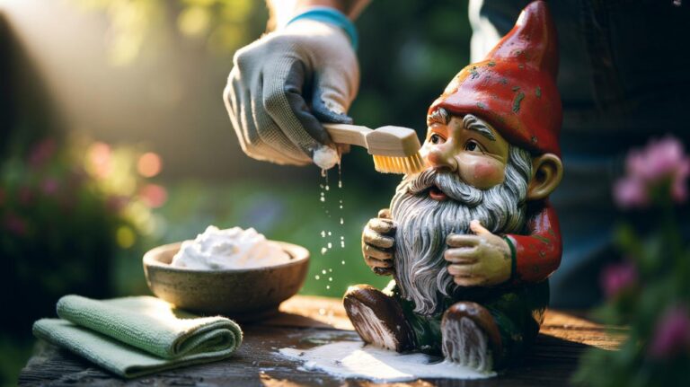 Illustration of a person gently scrubbing a faded garden gnome with baking soda paste to lift dirt layers in five minutes
