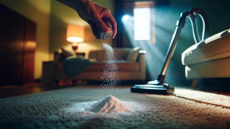 Illustration of sodium bicarbonate (baking soda) being sprinkled over a carpet to neutralise odours overnight before vacuuming