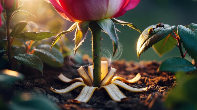 Illustration of banana peel strips placed around a rose stem in a garden bed as a natural method to deter aphids through plant-derived chemicals