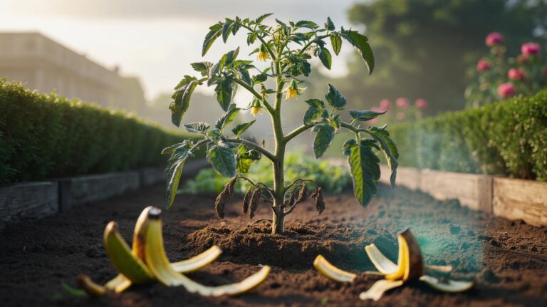 Illustration of banana peels incorporated into garden soil around plants, releasing potassium that leaches into the root zone for healthier growth