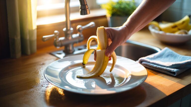 Illustration of a hand polishing a dinner plate with the inner side of a banana peel over a kitchen sink