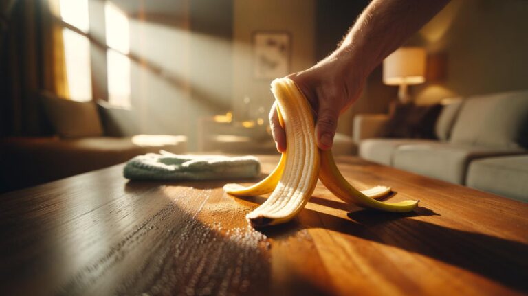 Illustration of a hand using the inside of a banana peel to polish a wooden table, removing dust and restoring natural shine