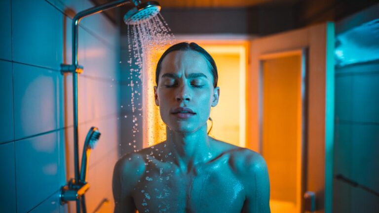 Illustration of a person ending a shower with cold water as part of the Swedish cold-dip method to boost the immune system