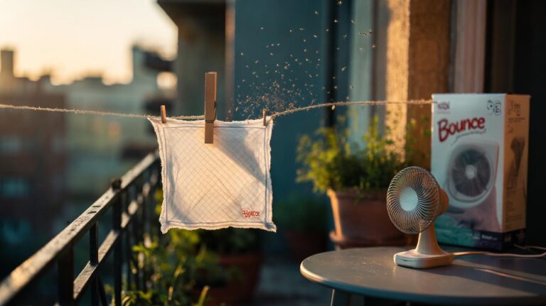 Illustration of a Bounce dryer sheet clipped to a balcony railing, repelling gnats through scent and static charge