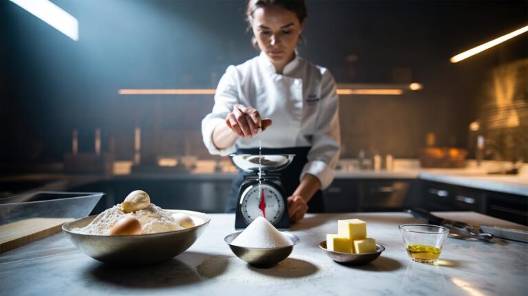 Illustration of a pastry chef demonstrating the 5-2-1 cake ratio by weighing flour, eggs, sugar, and butter on a kitchen scale