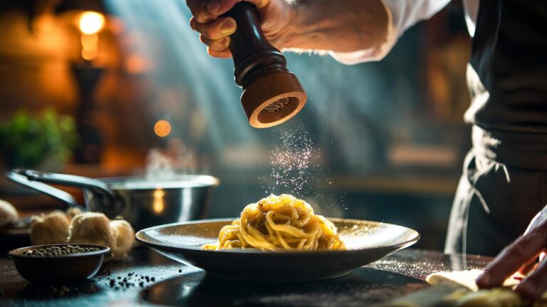 Illustration of a chef grinding freshly cracked black pepper from a mill over a plated dish