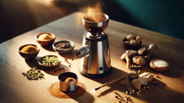 Illustration of a coffee grinder on a kitchen countertop with coffee beans, whole spices, coarse sugar, and dried mushrooms, showing its multi-purpose use beyond beans