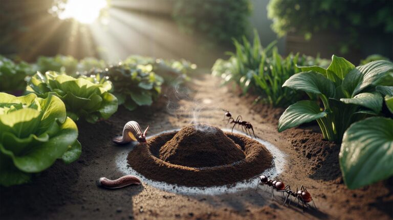 Illustration of used coffee grounds sprinkled around garden plants to naturally repel slugs, snails, and ants