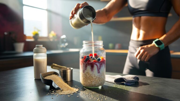 Illustration of a lidded jar of shake-and-set protein oats topped with berries, with oats, chia seeds, milk, and a shaker bottle nearby, highlighting a five-minute no-cook breakfast used by fitness trainers