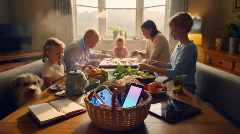 Illustration of a family practicing Digital Detox Sunday—devices in a basket, no screens, playing a board game, cooking together, and enjoying a calm home atmosphere