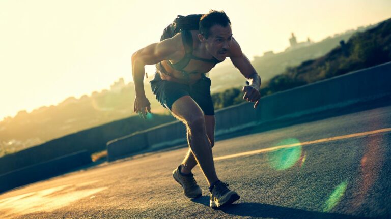 Illustration of walking technique changes—incline, shorter stride, and strong arm drive—to burn twice the calories