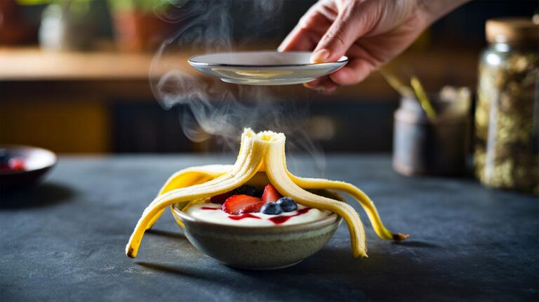 Illustration of a warm banana peel tented over a small bowl of yogurt and berries to intensify perceived sweetness in two minutes