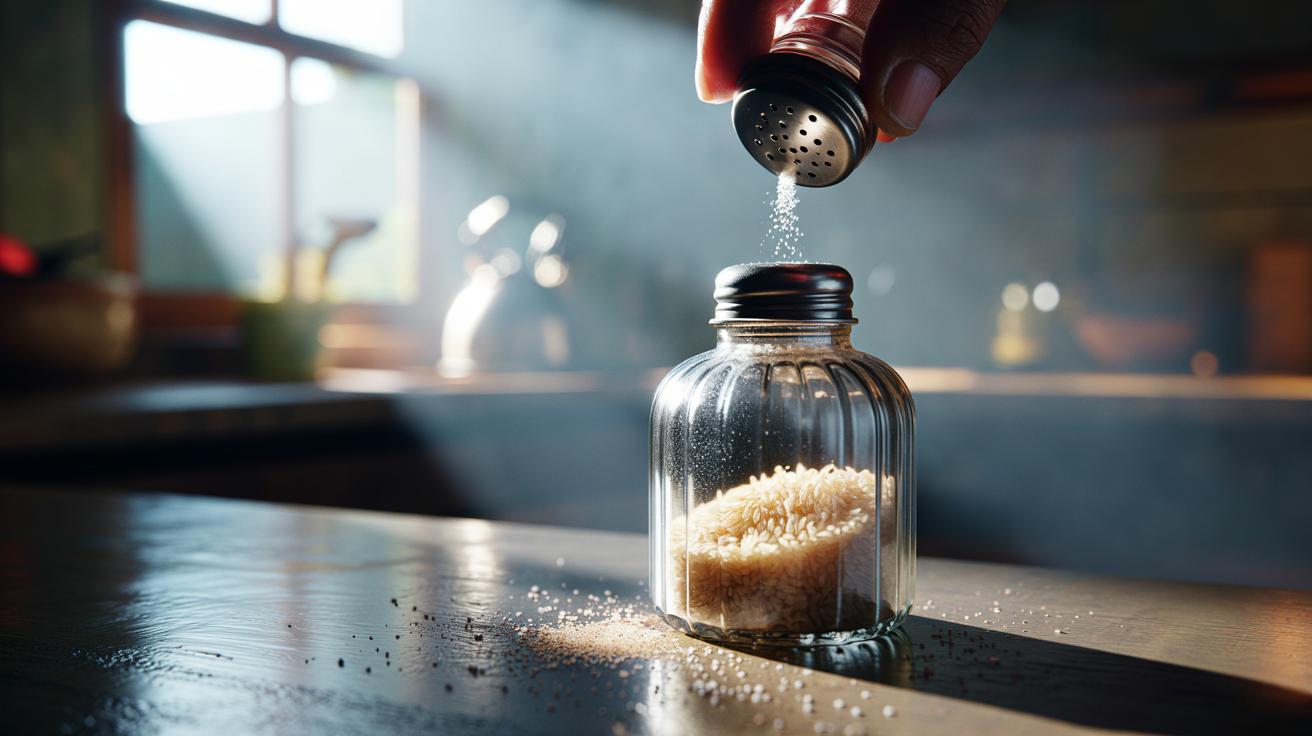 Illustration of rice grains inside a salt shaker absorbing moisture to keep the salt dry and free-flowing