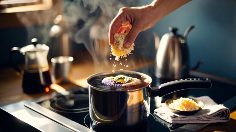 Illustration of a crushed eggshell being dropped into a boiling pot of coffee to soften bitterness