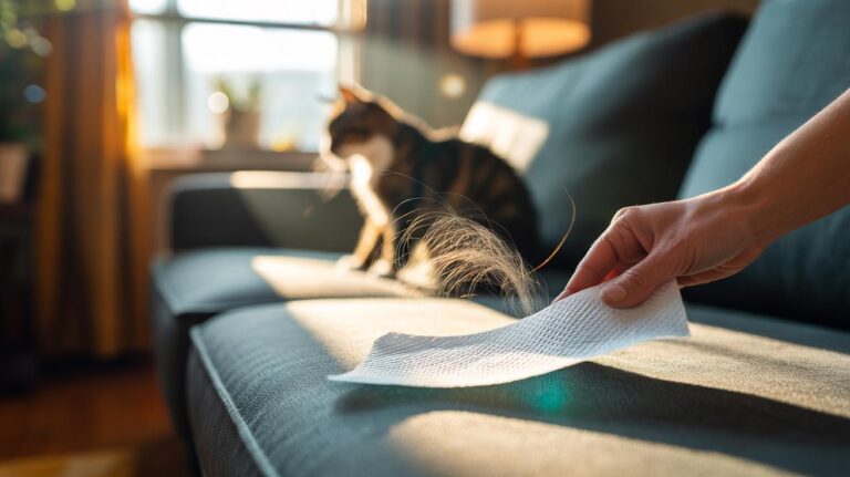 Illustration of a hand using a dryer sheet to lift pet hair from a sofa via electrostatic charge