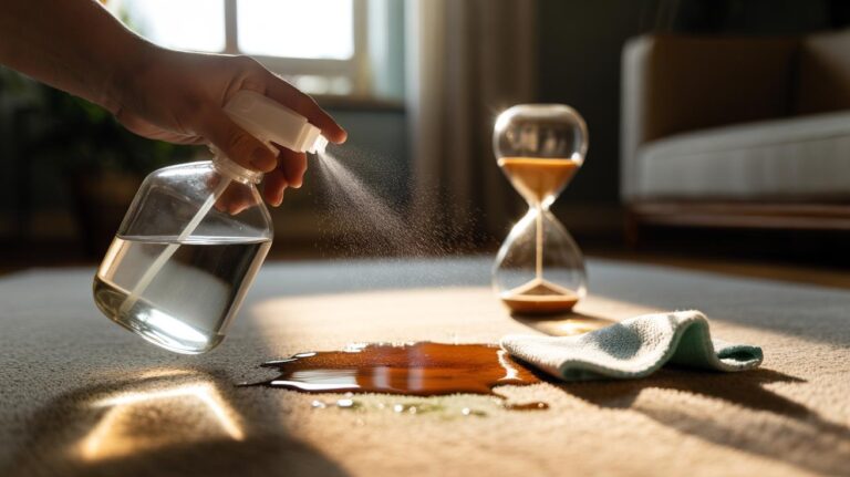 Illustration of white distilled vinegar applied with a spray bottle and clean cloth to lift a fresh stain from a carpet