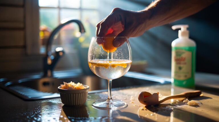 Illustration of a hand polishing a cloudy wine glass with a slurry of crushed eggshell and washing-up liquid
