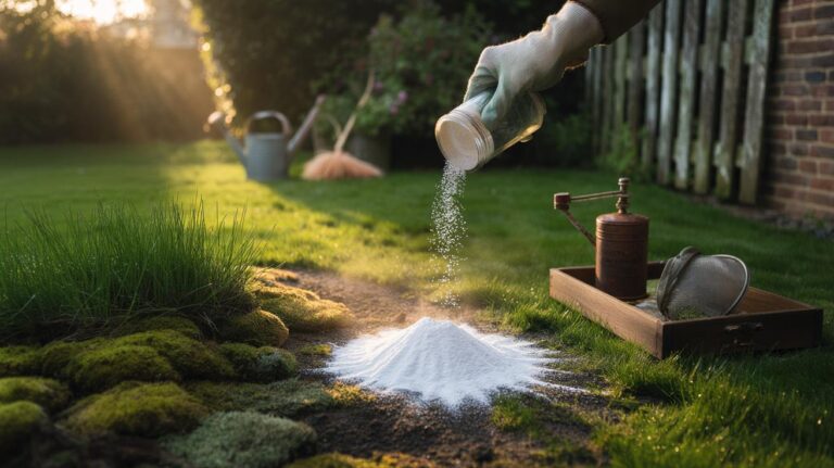 Illustration of finely ground eggshell powder being sprinkled over mossy patches on a lawn to balance soil pH and support healthier grass