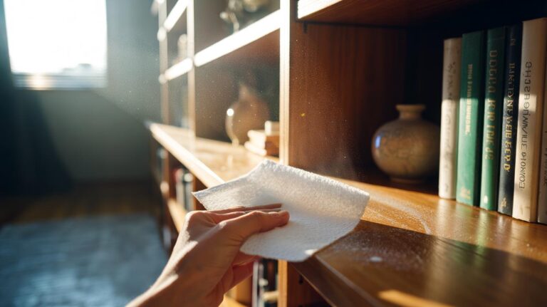 Illustration of a hand using a dryer sheet to remove dust from a wooden shelf