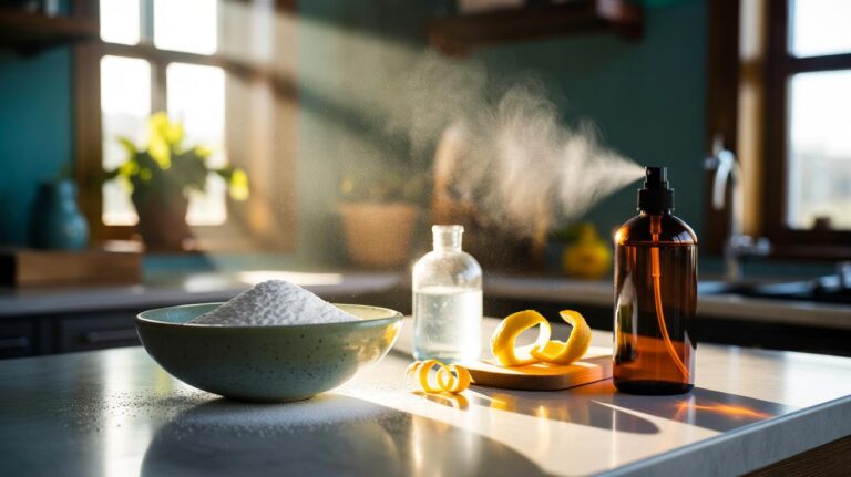 Illustration of the 3-1-1 home deodorising method with a bowl of bicarbonate of soda, white vinegar, citrus peel, and a spray bottle on a kitchen counter