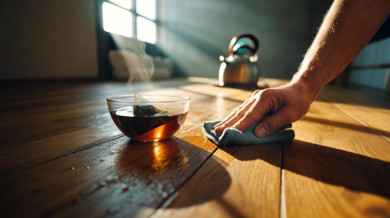 Illustration of tea bags and a microfibre cloth being used to polish a wooden floor to a natural shine
