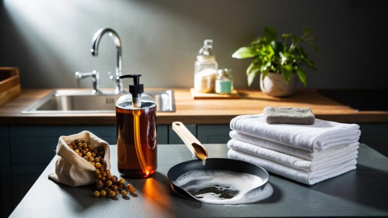 Illustration of a natural, saponin-based soap alternative—soap berries and a refillable bottle—used to clean laundry, dishes, and household surfaces without harsh chemicals.