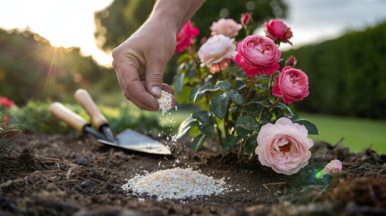 Illustration of gently crushed eggshells being sprinkled beneath rose bushes to enrich the soil with calcium