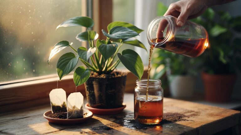 Illustration of used tea bags and cooled, diluted tea being poured onto a potted houseplant to encourage greener leaves