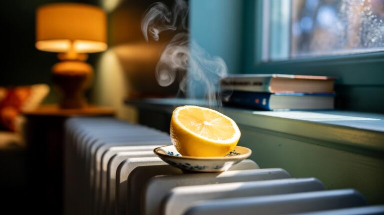 Illustration of half a lemon placed behind a household radiator to release citrus aroma