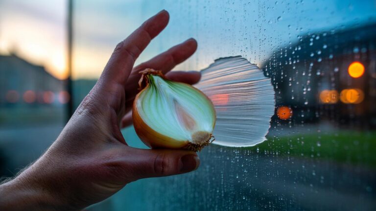 Illustration of half an onion being rubbed on a foggy window to create a clear, streak-free view