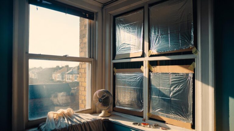 Illustration of aluminium foil panels mounted on interior window panes reflecting sunlight to reduce heat gain and keep a home cool without AC